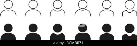 Grundlegende Symbole für menschliche Kopf und Schulter für Profil und Schnittstelle verwenden Sie die Sammlung von Umrisssymbolen. Benutzer-Avatar-Linie und Silhouette-Symbolgruppe. Bearbeitbare Kontur Stock Vektor