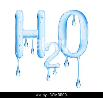 Chemische Formel von Wasser aus viskoser Flüssigkeit, isoliert auf weißem Hintergrund Stockfoto