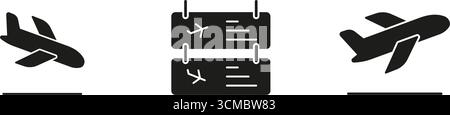 Abflug und Ankunft des Flugzeugs mit dem ausgefüllten Symbolsatz der Fluganzeige. Flugzeugstart, Landung und Flughafen-Plantafel im ausgefüllten Stil Symbol Stock Vektor