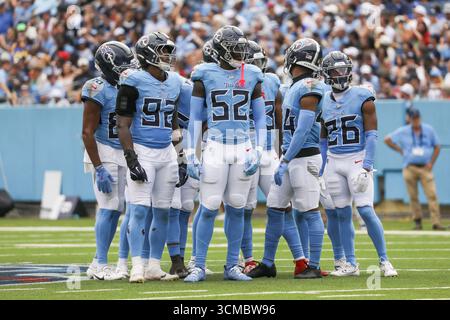 Nashville, USA. September 2025. Die Tennessee Titans spielen während des Spiels gegen die Los Angeles Rams im Nissan Stadium in Nashville, Tennessee am 14. September 2025. (Foto: Kindell Buchanan/SIPA USA) Credit: SIPA USA/Alamy Live News Stockfoto