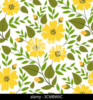Frühlingsgelbe Blüten und grüne Blätter. Zartes, nahtloses Frühlingsstrauß. Florales anmutiges Ornament. Pflanzenzusammensetzung. Blumendesign im Sommer Stock Vektor