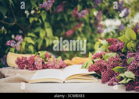 Öffnen Sie das Buch im Gras auf dem Feld an sonnigen Frühlingstagen. Lese- und Wissenskonzept. Stockfoto