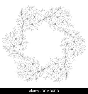 Einfarbiger Rahmen mit Blumen und Blättern. Zarter Frühlingsstrauß Mandala. Ausmalseite mit kreisförmigem Blumendesign. Pflanzengirlande. Sommerblumen kränzen Stock Vektor