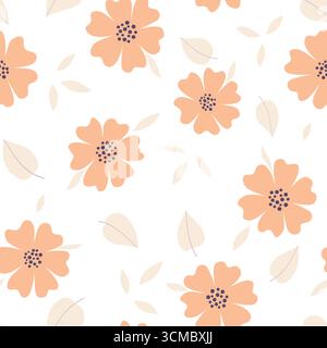 Nahtloses Muster mit Blumen und Blättern im rustikalen Stil. Hübscher floraler Hintergrund in Pfirsichfarben und Violett. Vektor-Illustration für Hintergrundbild, Geschenkpapier Stock Vektor