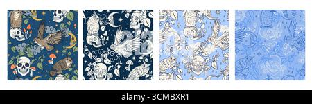 Halloween nahtloser Mustersatz von Hand gezeichneten Adlereulen, die auf menschlicher Schädelvektorillustration sitzen Stock Vektor