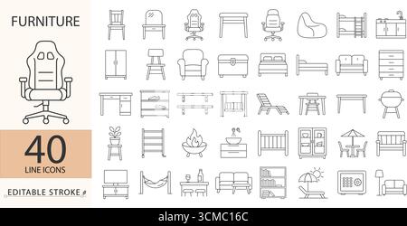 Ein Möbelikone im minimalistischen Stil mit bearbeitbarem Strich. Stühle, Tische, Sofas, Betten, Schränke, Regale, Outdoor-Elemente, modernes Interieur, Zuhause Stock Vektor