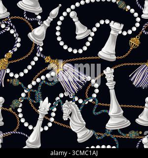 Elegantes Nahtloses Schachmotiv Vektormuster Mit Schwarzen Schachstücken Mit Perlenbesetzten Quasten Stock Vektor
