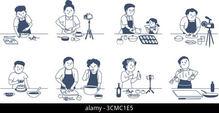 Food-Blogger. Leute kochen auf Kameras, drehen Rollen oder Videos, machen Fotos für Blogs. Bereiten Sie ein Mittagessen mit Kind vor, aktuelle Vektorszenen Origina Stock Vektor