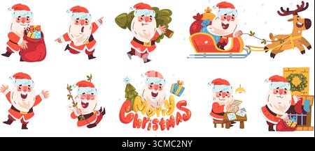weihnachtsmann-Charakter. Christmas noel Cartoon niedliche Figur, die auf Rentierschlitten fährt, Tasche mit Geschenken am Kamin hält Weihnachtssocken lustig d Stock Vektor