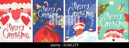 Weihnachtsmanngrußkarten. Claus Charakter fröhliche weihnachtskarte niedliches Design, Weihnachten Neujahr Zeichentrick Maskottchen Geschenke Tasche Poster Winterfeiertag Feier Stock Vektor