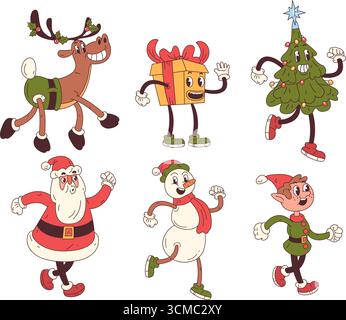 Groovige Weihnachtsfiguren. Weihnachten coole lustige Figur, Retro-Cartoon Santa claus Vintage Maskottchen Elf Rentier Schneemann Geschenk Neujahr Winter funky Hippi Stock Vektor