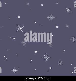 Nahtloses Muster mit Schnee und Schneeflocken in verschiedenen Formen und Formen. Weihnachten und Neujahr Hintergrund. Aquarell handgezeichnet Illustration auf Stockfoto