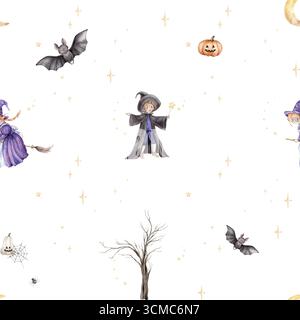 Nahtloses Muster für Halloween. Wiederhole den Hintergrund mit Zauberer, Fee oder Hexe auf Besen, Baum ohne Blätter und Kürbis. Hand Stockfoto