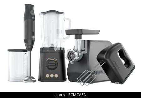 Set mit modernen Küchengeräten. Mixer, Handmixer, Fleischwolf und Tauchmixer. 3D-Rendering isoliert auf weißem Hintergrund Stockfoto