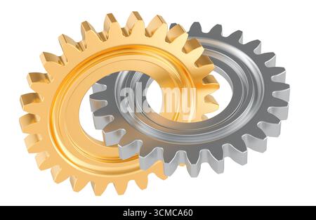 Zwei verriegelte Zahnräder, Gold und Silber. Abstraktes technisches Logo. 3D-Rendering isoliert auf weißem Hintergrund Stockfoto