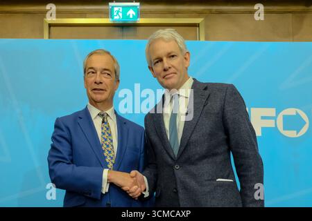 London, Großbritannien. September 2025. Reform UK hält eine Pressekonferenz ab, in der der Abschied des konservativen Abgeordneten für East Wiltshire, Danny Kruger, angekündigt wird. Er ist der erste amtierende Tory-Abgeordnete, der dies tut, und während seiner Rede erklärte er, die Konservative Partei sei vorbei. Quelle: Eleventh Photography/Alamy Live News Stockfoto