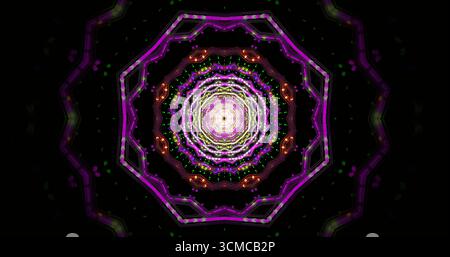 Dieses Kunstwerk zeigt ein lebendiges kaleidoskopisches Design mit komplizierten Mustern in Violett-, Rosa- und Weißtönen. Die Farben erzeugen ein Mesmerizi Stockfoto