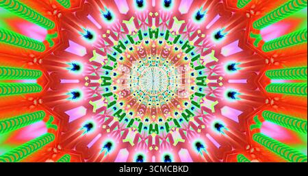 Dieses lebhafte Mandala besticht durch ein wirbelndes Muster aus hellen Farben wie Rot, Grün und Pink. Die komplizierte Konstruktion erzeugt einen faszinierenden Effekt Stockfoto