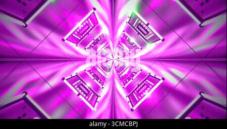 Ein lebendiger Tunnel mit hellen, violetten Lichtern sorgt für einen faszinierenden visuellen Effekt. Die geometrischen Muster und Reflexionen verbessern den immersiven bei Stockfoto