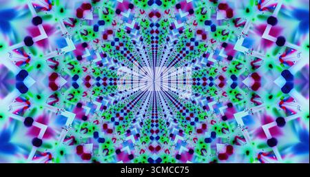 Dieses Kunstwerk zeigt ein farbenfrohes digitales Kaleidoskop-Muster mit wirbelnden Formen und lebhaften Farbtönen. Die Konstruktion erzeugt ein faszinierendes visuelles e Stockfoto