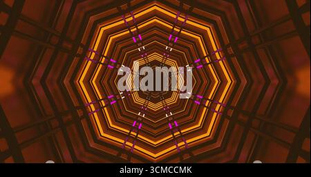 Das Bildmaterial verfügt über ein faszinierendes geometrisches Design, das sich auf Kreismuster konzentriert. Leuchtend orange und lila Farben sorgen für eine energiegeladene und fesselnde Atmosphäre Stockfoto