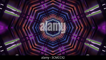 Ein lebendiger geometrischer Tunnel zeigt leuchtende Farben und komplizierte Designs und sorgt so für ein faszinierendes visuelles Erlebnis. Die Muster verbinden sich zu einer Hypnot Stockfoto