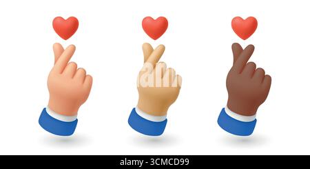 Vektor 3D Finger Herz Hand Geste Set. Koreanische Fingerherz-Illustration, die Liebe und Wertschätzung zeigt. Niedliche Handgesten für soziale Medien, K-Pop Stock Vektor