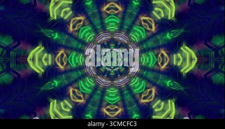 Leuchtende Farben vermischen sich in einem faszinierenden Muster und erzeugen einen lebendigen Kaleidoskop-Effekt. Das komplizierte Design zeigt Schichten aus Grün, Gelb und Blau Stockfoto
