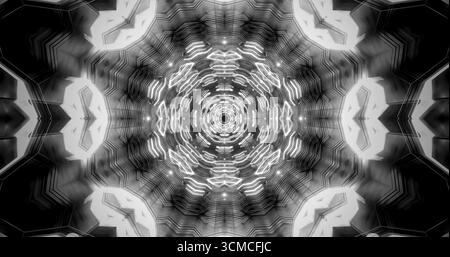 Dieses Kunstwerk zeigt eine komplexe Anordnung von Schwarzweiß-Formen, die einen faszinierenden kaleidoskopischen Effekt erzeugen. Die sich wiederholenden Muster zeichnen das V Stockfoto