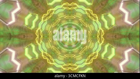 Hellgrüne und gelbe geometrische Formen verschmelzen zu komplexen Mustern. Dieses faszinierende Bild lenkt den Blick auf sein lebendiges, kreisförmiges Design Stockfoto