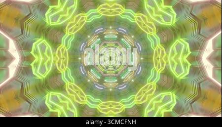 Helle Neonfarben schaffen ein faszinierendes abstraktes Design. Das kreisförmige Muster zeigt verschiedene Formen und Linien, die mit Energie zu pulsieren scheinen Stockfoto