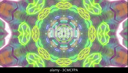 Ein lebendiges digitales Design mit wirbelnden Neonmustern in Grün, Blau und Pink. Der kaleidoskopische Effekt zieht den Blick in die Mitte und schafft so Stockfoto