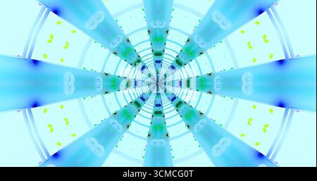 Wirbelnde Farben bilden einen lebendigen Tunnel aus Licht und Formen. Die Blau- und Grüntöne erzeugen ein faszinierendes geometrisches Muster, das ein Bewegungsgefühl hervorruft Stockfoto