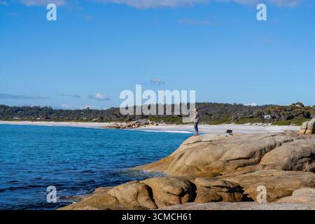 Foto von Swimcart Beach an der Bay of Fires, berühmt für seine unverwechselbaren bunten Flechten, die von Seeleuten im Norden als Wahrzeichen genutzt wurde Stockfoto