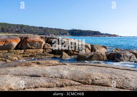 Foto von Swimcart Beach an der Bay of Fires, berühmt für seine unverwechselbaren bunten Flechten, die von Seeleuten im Norden als Wahrzeichen genutzt wurde Stockfoto