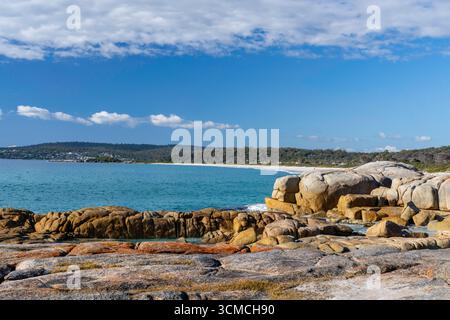 Foto von Swimcart Beach an der Bay of Fires, berühmt für seine unverwechselbaren bunten Flechten, die von Seeleuten im Norden als Wahrzeichen genutzt wurde Stockfoto