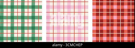 Weihnachtsmuster-Set. Fröhliche Weihnachtshintergründe, nahtlose Muster. Kariertes Muster. Rote, grüne und rosafarbene Weihnachtsfarben Stock Vektor