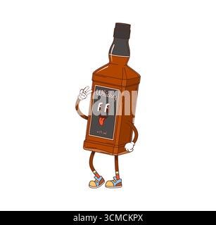 Retro-Hippie-Whiskey-Drink-Flasche mit groovigem Charakter. Bar Cocktail Alkohol Getränk fröhliche Hippie 80er Jahre Vektor Persönlichkeit. Whiskey-, Bourbon- oder Cognac-Flasche lustiges Funky Maskottchen, isolierter grooviger Charakter Stock Vektor
