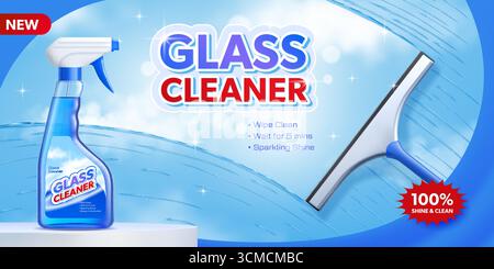 Fensterglasreiniger Werbebanner mit Sprühflasche und Fensterwischer. Vector Clean und moderne Produktwerbung, betont Hygiene, Frische und neue schützende Reinigungsformel Stock Vektor