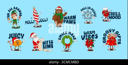 Weihnachten y2k groovige Aufkleber mit lustigen Charakteren, Vektor Frohe Weihnachten Winterurlaub. Cartoon-Retro-Weihnachtsmann, Weihnachtsgeschenktasche und Elfe, Weihnachtsbaumkranz und elf y2k-Schriftzeichen-Aufkleber Set Stock Vektor