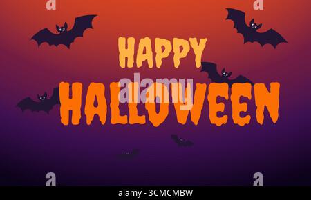 Vektor-Banner für ein glückliches Halloween mit schwarzen Fledermäusen im Hintergrund und leuchtend orangefarbenem Schriftzug. Kartenschablone mit violettem Hintergrund im klassischen Weihnachtsstil Stock Vektor