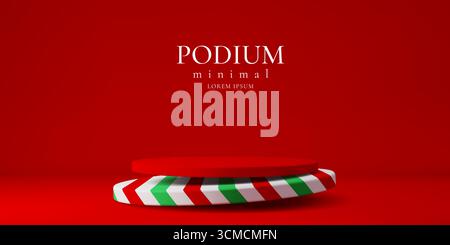 Weihnachten 3. Podium Bühne. 3D-Vektoranzeige mit runder Plattform, mit einer unteren Basis, die in grünen, weißen und roten diagonalen Streifen auf rotem Hintergrund für Präsentationen oder Produktpräsentationen verziert ist Stock Vektor
