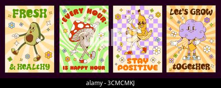 Groovige Charaktere Poster, lustige Cartoon-Figuren mit Lächeln, Vektor-Set. Groovige Poster mit trippigen psychedelischen Pilzen und Bananen auf Disco-Party, funky Avocado und Wolke mit glücklichem Lächeln Stock Vektor