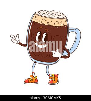 Cartoon-groovige dunkle Biertankerfigur mit Schaumgummi auf der Oberseite, Sneakers und Lächeln, die eine freundliche Fingerpistole-Geste geben. Vektor verspielte Glasbecher Person, die Hippie y2k Spaß versprüht Stock Vektor
