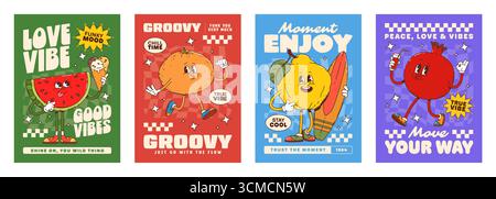 Poster mit verspielten Retro-Figuren aus Wassermelone, Orange, Quitte und Granatapfel mit ausdrucksstarken Gesichtern und positiven Lifestyle-Slogans in auffälliger Vintage-Typografie Stock Vektor