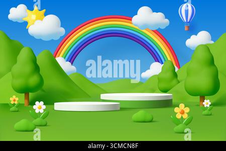Kinderpodium mit grünem Gras, Berghügeln und Regenbogen, Heißluftballon, flauschigen Wolken und Blüten. 3D-Vektorbühne im Sommergarten mit Blumen und Grün. Verspielte Zeichentricklandschaft und Szene Stock Vektor