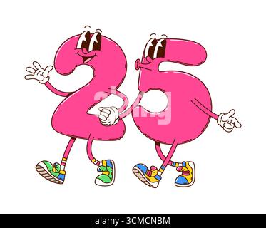 Cartoon groovige Mathe-Zahl 25 Zeichen, Schulbildung 25-stellige Persönlichkeiten. Verspieltes Pink 2 und 5 mit ausdrucksstarken Gesichtern, die Hände halten und in farbenfrohen Vintage-Sneakers zusammen laufen Stock Vektor