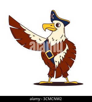 Cartoon-Adlertier-Piraten und Korsair-Schiffsbesatzungsfiguren in Tricorn-Hut verkörpern klassisches maritimes Abenteuer. Isolierte Vektorfalke Vogel Freibeuter Captain-Figur mit erhöhtem Flügel Stock Vektor