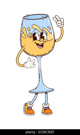 Cartoon groovige Champagner Glas Drink Charakter feiern Party. Die Retro-Persönlichkeit des isolierten Vektors erfreut sich mit einem glücklichen Lächeln und einer friedlichen Geste, die funkigen Retro-Vibe der 60er oder 70er Jahre Hippie-Ära verkörpert Stock Vektor