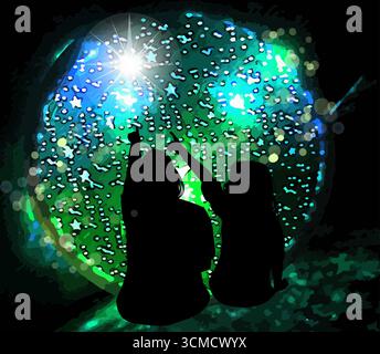 Abstrakte Kinder, die die Sterne betrachten. Abbildung des Materialvektors. Handgezeichnet. Nicht AI. Stock Vektor